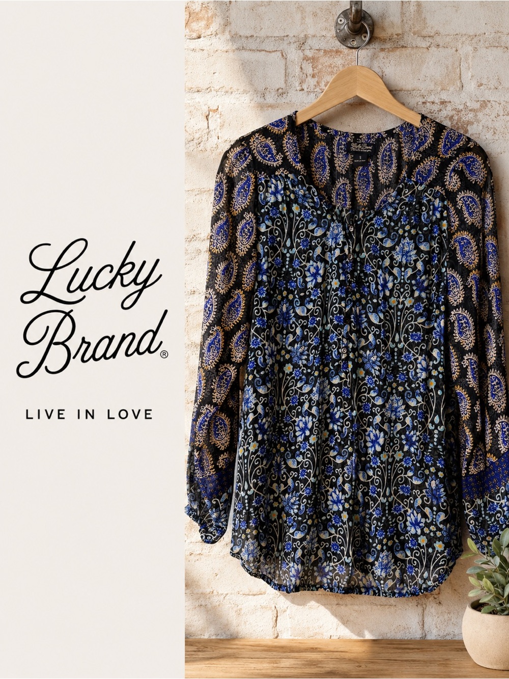 Lucky Brand Black and Blue Paisley Floral Peasant Top